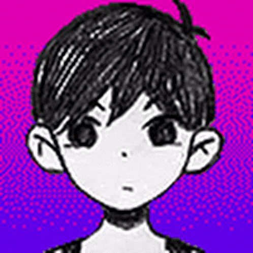 a black and white drawing of a young boy with a purple background .