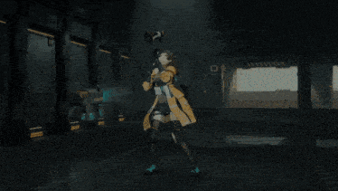 a girl in a yellow coat is standing in a dark room with a sign that says 01
