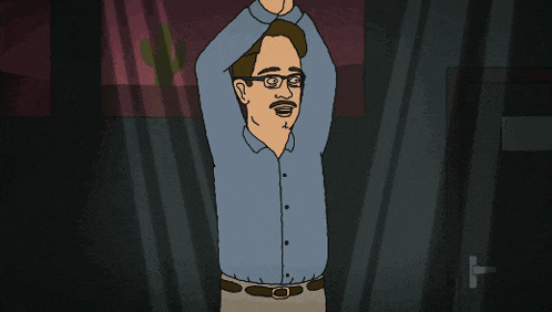 a cartoon man with glasses and a mustache stretches his arms