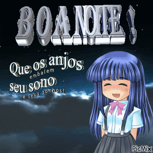 a picture of a girl with blue hair and the words " boa noite " above her