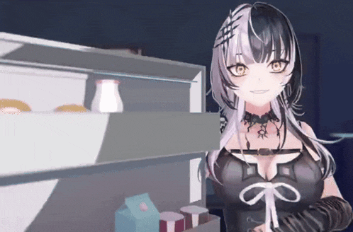 a black and white anime girl stands in front of a fridge