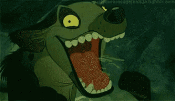 a cartoon hyena with its mouth open is smiling .
