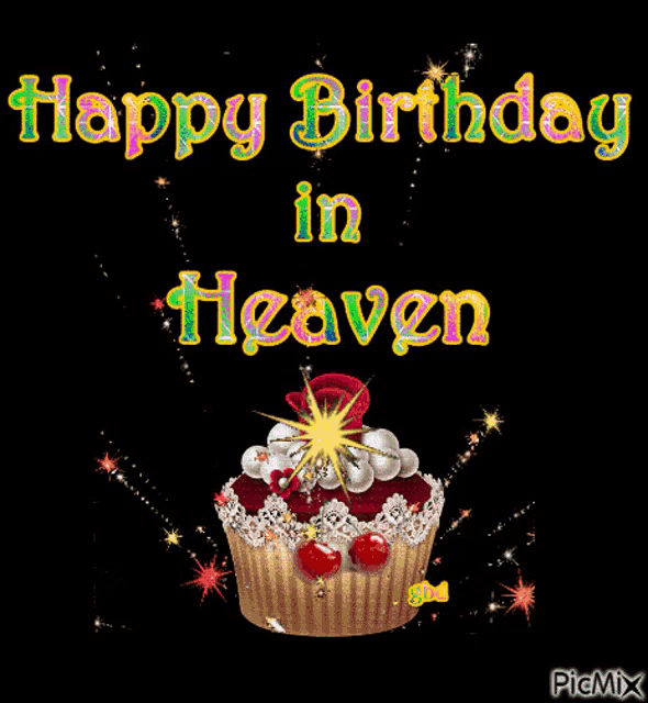 a happy birthday in heaven greeting card with a cupcake and sparklers