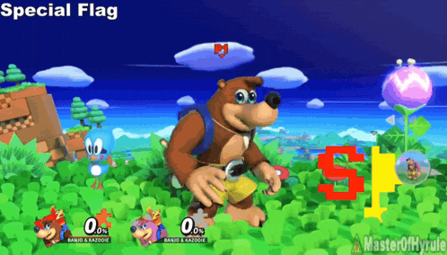 a video game screen shows banjo and kazooie in the special flag