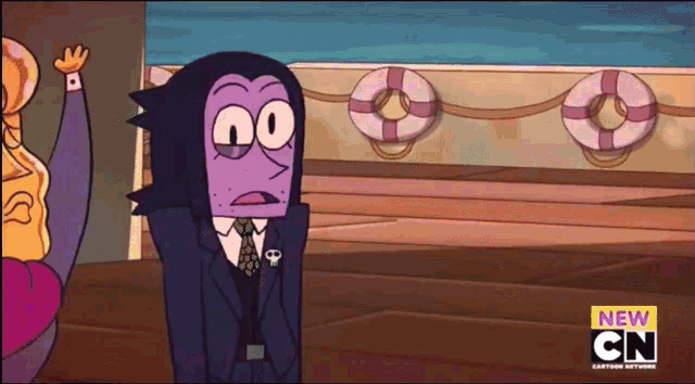 a cartoon of a man in a suit and tie with a new cn logo