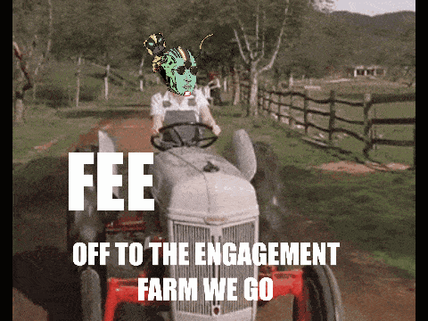 a man is driving a tractor down a dirt road with the words fee off to the engagement farm we go below him
