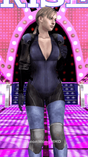 a video game character is standing in front of a pink sign that says ' leon wong mmd '