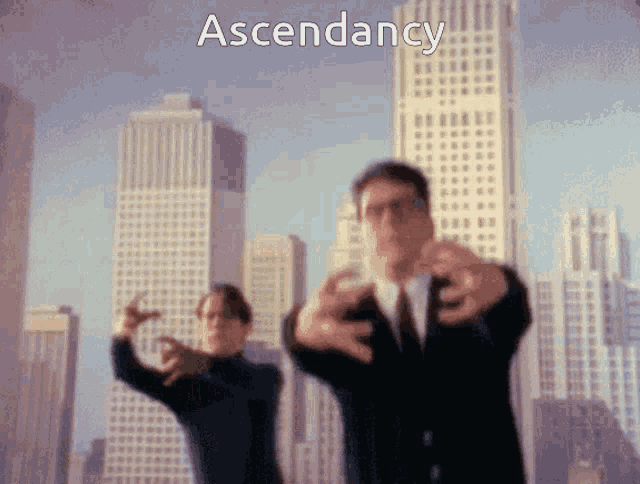 two men in suits are dancing in front of a city skyline and the word ascendancy is written above them