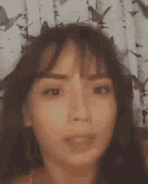 a close up of a woman 's face with a blurred background of trees and birds .