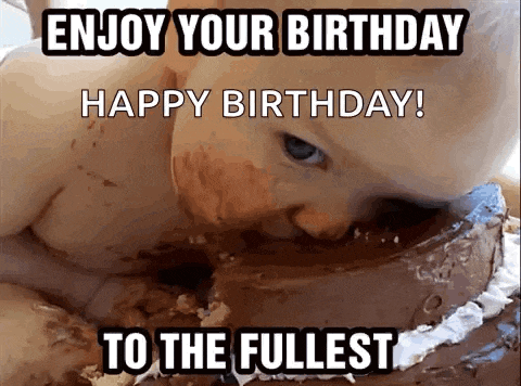 a baby is eating a chocolate birthday cake with the words enjoy your birthday happy birthday to the fullest .