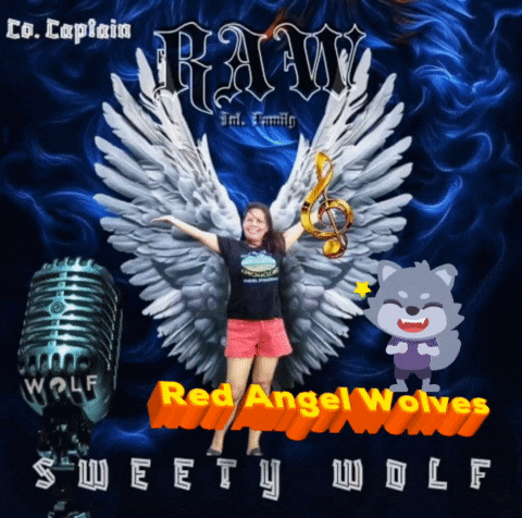 a woman with angel wings stands in front of a microphone with the words raw and sweety wolf