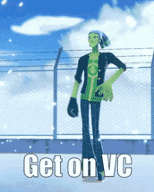 a cartoon character is standing in front of a fence with the words get on vc
