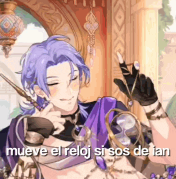 a man with purple hair is holding a sword and a hourglass and says mueve el reloj si sos de lan .