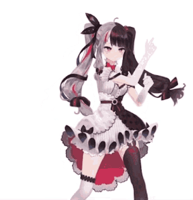 a girl in a white and red dress is pointing at something