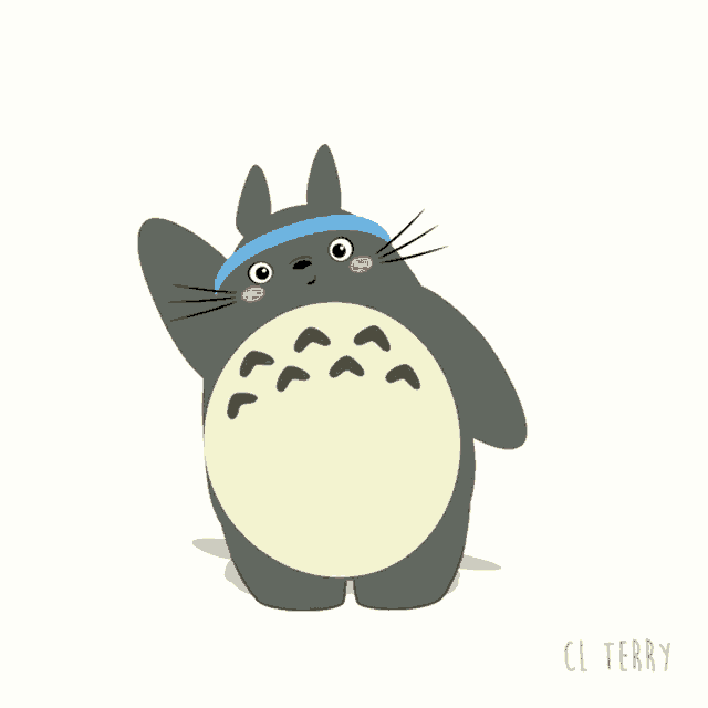a cartoon drawing of a totoro wearing a blue band around its head