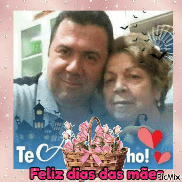 a picture of a man and an older woman with the words te amo feliz dias das mae on the bottom