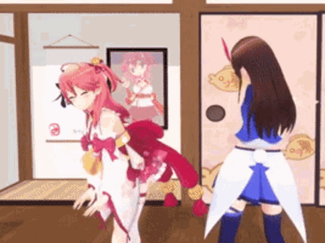 two anime girls are standing next to each other in a room ..