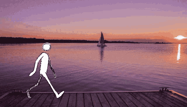 a drawing of a stick figure walking on a dock at sunset
