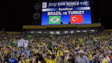 a crowd of people watching a soccer game between brazil and turkey in 2002