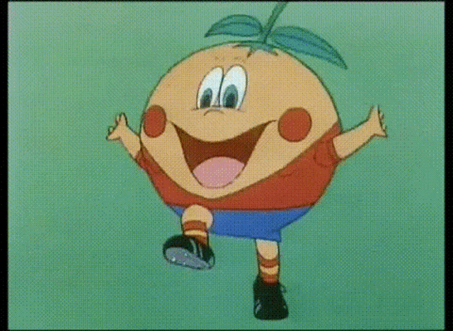 a cartoon character in a red shirt and blue shorts