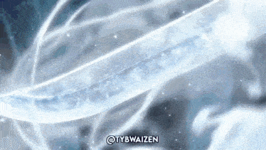 a close up of a sword with the words tybwaizen written below it