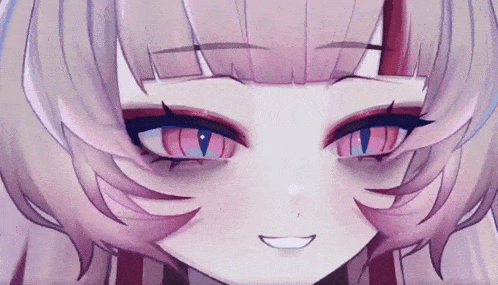 a close up of a girl 's face with red eyes and a smile