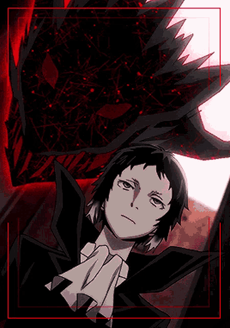 a black and white anime character with a red border around him