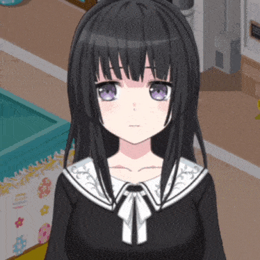 a girl with long black hair and purple eyes is wearing a black and white dress