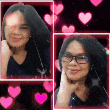 a woman wearing glasses is surrounded by pink hearts in a collage