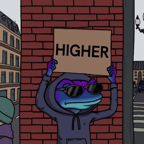 a cartoon of a frog holding a sign that says higher