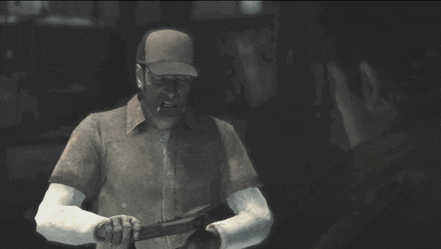 a man in a baseball cap is holding a wrench and talking to another man