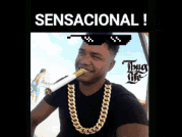 a man wearing sunglasses and a gold chain is smoking a cigarette