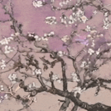a painting of a cherry blossom tree with purple and white flowers