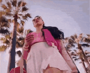 a woman in a pink jacket is standing in front of a palm tree .