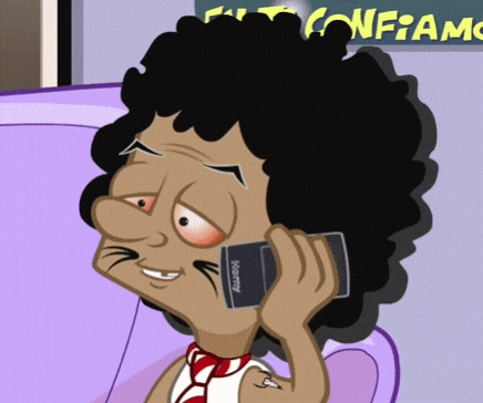 a cartoon of a man talking on a cell phone with a sign behind him that says confamc