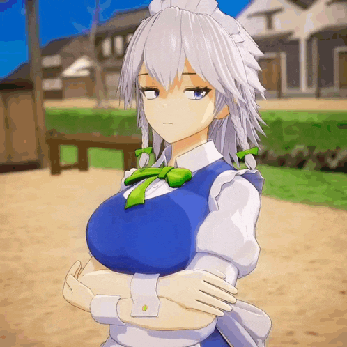 a 3d anime girl with white hair and a blue dress stands with her arms crossed