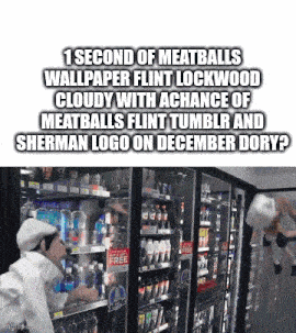 a man standing in front of a refrigerator that says 1 second of meatballs wallpaper flint lockwood cloudy with a chance of meatballs