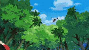 a cartoon of a person flying through the air in a forest