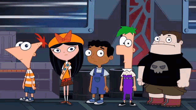 a group of cartoon characters including phineas and ferb are standing together