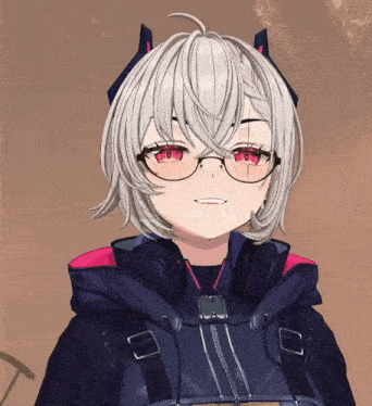 a girl with white hair and red eyes wears glasses and a black jacket