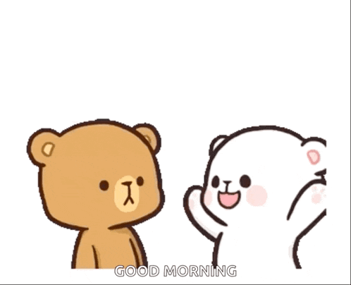 a couple of teddy bears standing next to each other with the words good morning written on the bottom