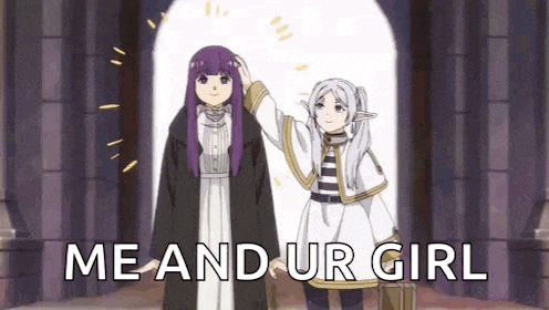 a couple of anime girls are standing next to each other and one of them is petting the other 's head .