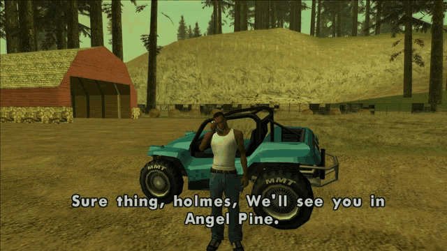 a video game scene with a man talking on a cell phone in front of a blue vehicle that says mmt