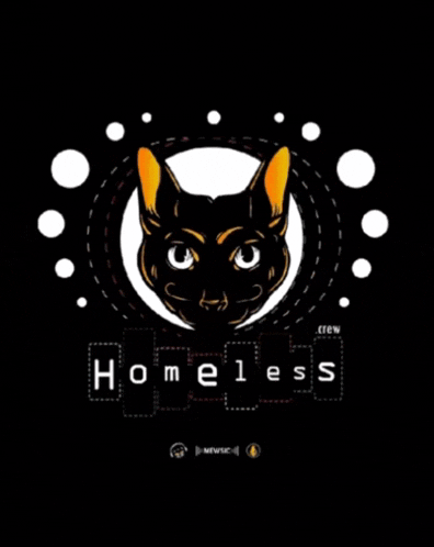 a black cat is surrounded by white circles and the words homeless