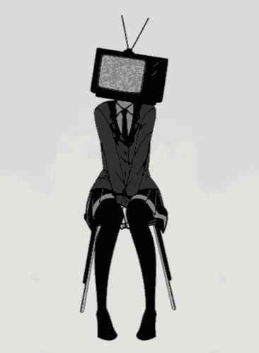 a drawing of a girl with a tv head sitting on a chair