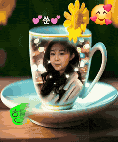 a picture of a woman in a cup with a flower on top