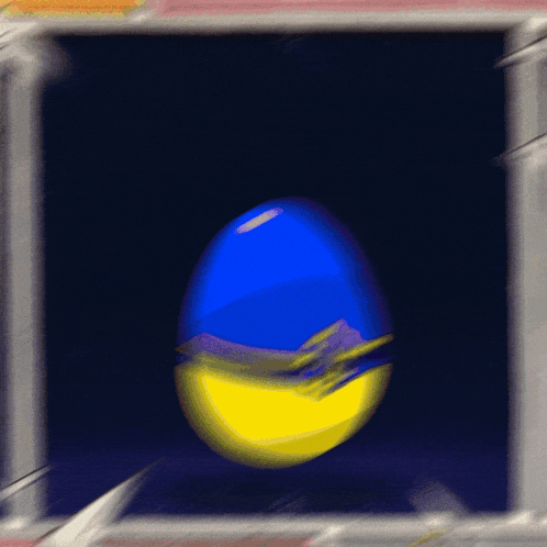 a blue and yellow egg with mountains on it is in a frame