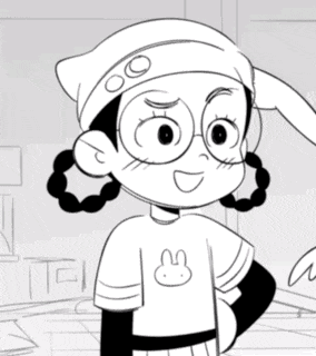 a black and white drawing of a girl wearing glasses and a white shirt with a bunny on it