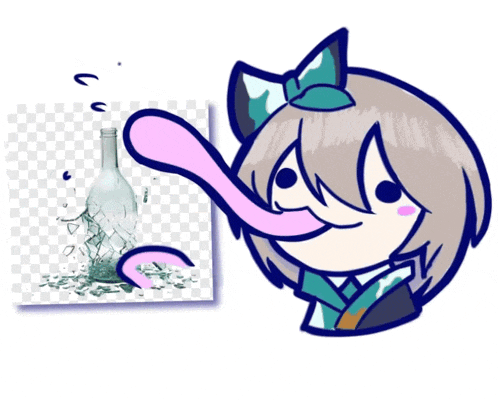 a cartoon drawing of a girl with a long tongue sticking out next to a broken bottle