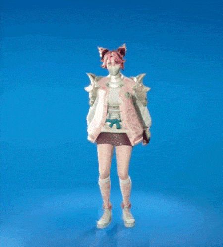 a video game character with pink hair is dancing on a blue surface .